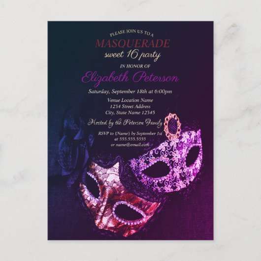Chic Black Masquerade, Masque Sweet 16 Uitnodiging Briefkaart (Voorkant)