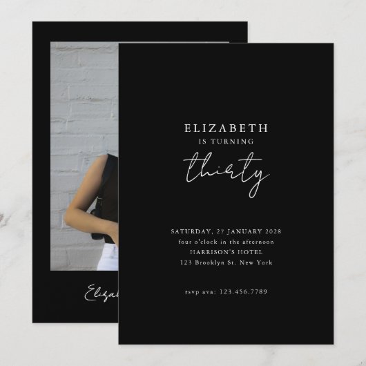 Chic Black Modern Thirty Photo Birthday Party Kaart (Voorkant / Achterkant)
