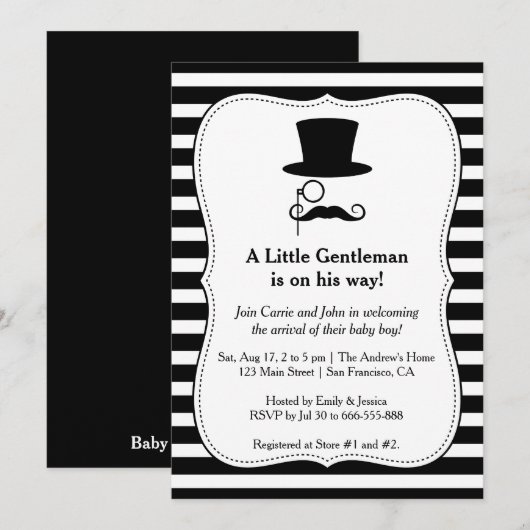 Chic Black Mustache babyboy - uitnodiging tot douc (Voorkant / Achterkant)