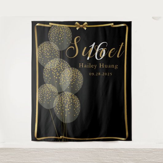 Chic Black n Gold Sweet 16 Birthday Photo Backdrop Wandkleed (Voorkant)