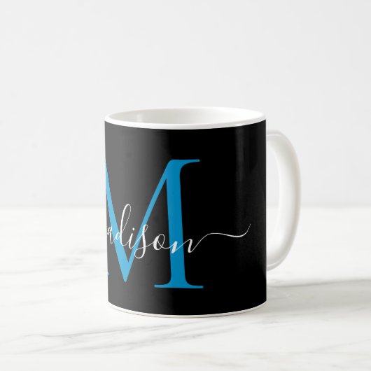 Chic Black Ocean Blue Monogram Elegant Script Koffiemok (Voorkant rechts)