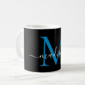 Chic Black Ocean Blue Monogram Elegant Script Koffiemok (Voorkant links)