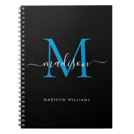 Chic Black Ocean Blue Monogram Script Name Initiaa Notitieboek