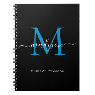 Chic Black Ocean Blue Monogram Script Name Initiaa Notitieboek