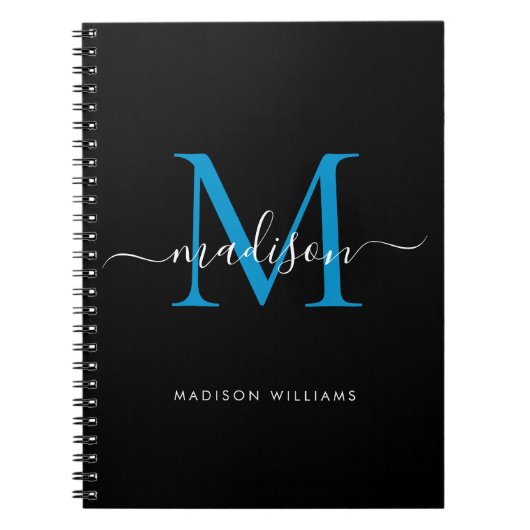 Chic Black Ocean Blue Monogram Script Name Initiaa Notitieboek (Voorkant)