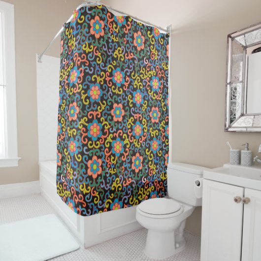 Chic Black Pattern with Colorful Floral  Douchegordijn (In situ)