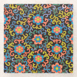 Chic Black Pattern with Colorful Floral  Glazen Onderzetter