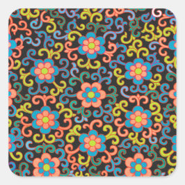 Chic Black Pattern with Colorful Floral  Vierkante Sticker