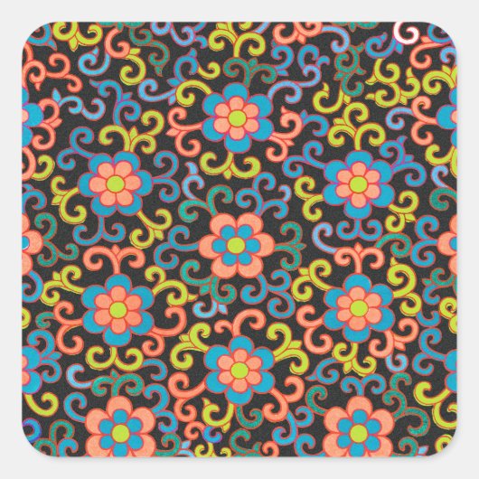 Chic Black Pattern with Colorful Floral  Vierkante Sticker (Voorkant)