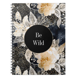 Chic Black Peach White Floral Leopard Animal Notitieboek