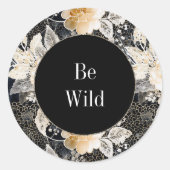 Chic Black Peach White Floral Leopard Animal Ronde Sticker (Voorkant)