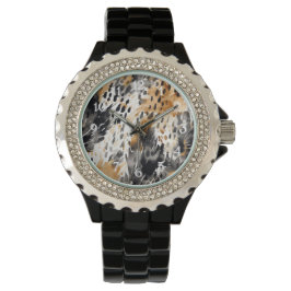 Chic Black Peach White Leopard Animal Print Horloge