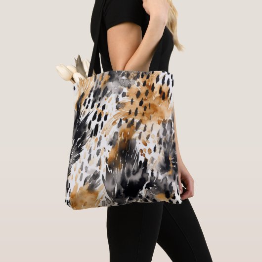 Chic Black Peach White Leopard Animal Print Tote Bag (Dichtbij)