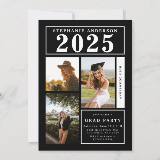 Chic Black Photo Collage Afstudeerfeest Kaart (Voorkant)