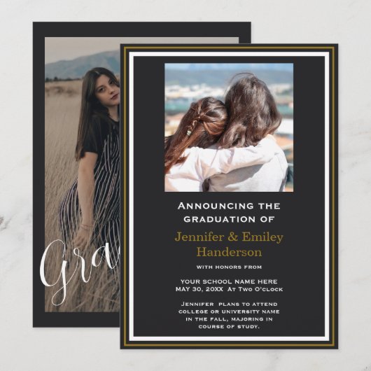 Chic Black photo double graduation Announcement Kaart (Voorkant / Achterkant)