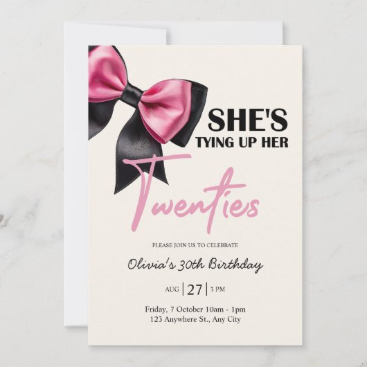 Chic Black & Pink Bow 30th Birthday Invitation Kaart (Voorkant)