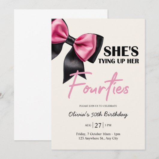 Chic Black & Pink Bow 50e verjaardag Uitnodiging (Voorkant / Achterkant)