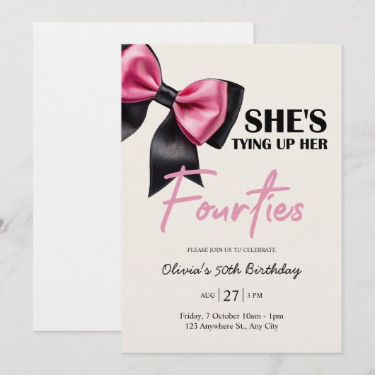 Chic Black & Pink Bow 50th Birthday Invitation Kaart (Voorkant / Achterkant)