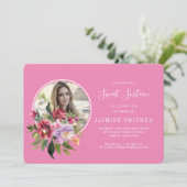 Chic Black Pink Floral Thleed Photo Sweet 16 Kaart (Staand voorkant)