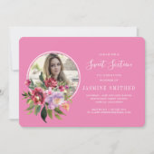 Chic Black Pink Floral Thleed Photo Sweet 16 Kaart (Voorkant)