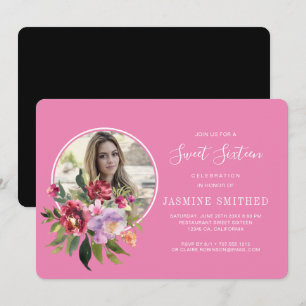 Chic Black Pink Floral Thleed Photo Sweet 16 Kaart
