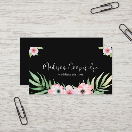 Chic Black Pink Floral Wedding Planner Visitekaartje (Voorkant / Achterkant in situ)