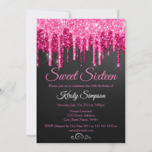 Chic Black Pink Glitter Sweet Sixteen Party Invita Kaart