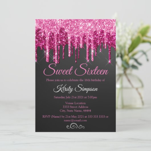 Chic Black Pink Glitter Sweet Sixteen Party Invita Kaart (Staand voorkant)