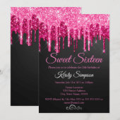 Chic Black Pink Glitter Sweet Sixteen Party Invita Kaart (Voorkant / Achterkant)