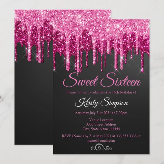 Chic Black Pink Glitter Sweet Sixteen Party Invita Kaart (Voorkant / Achterkant)