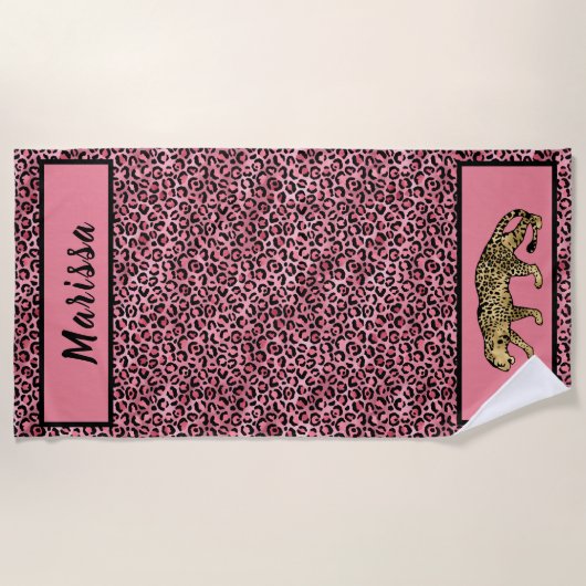 Chic Black Pink Gold Leopard op maat Strandlaken (Voorkant)