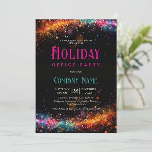 Chic Black Rainbow Glitter Holiday Kantoor Party Kaart (Staand voorkant)