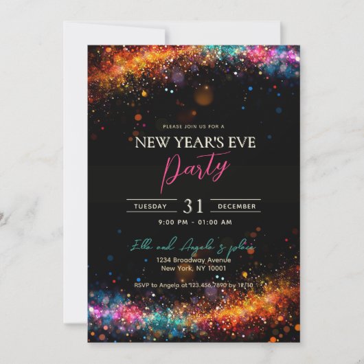 Chic Black Rainbow Glitter Nieuwjaarsfeest Kaart (Voorkant)
