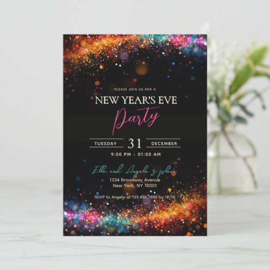 Chic Black Rainbow Glitter Nieuwjaarsfeest Kaart (Staand voorkant)