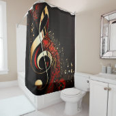 Chic Black Red en Gold Clef Note Douchegordijn (In situ)