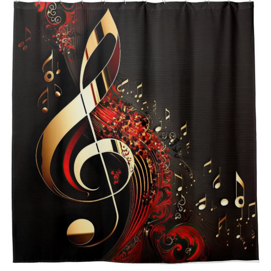 Chic Black Red en Gold Clef Note Douchegordijn (Voorkant)