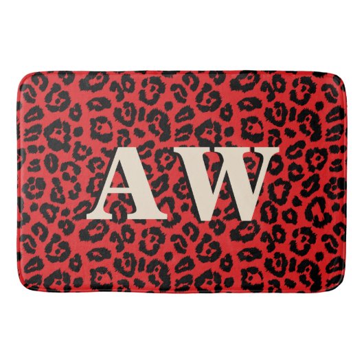 Chic Black Red Leopard Print Monogram Badmat (Voorkant)