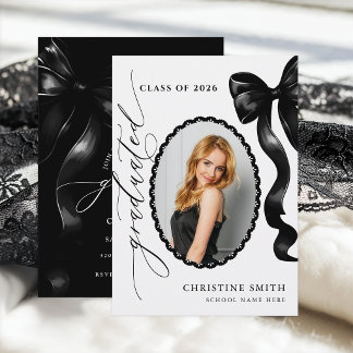 Chic Black Ribbon Graduation Invitation with Photo Kaart