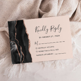 Chic Black Roos Gold Agate Blush Wedding RSVP Kaartje