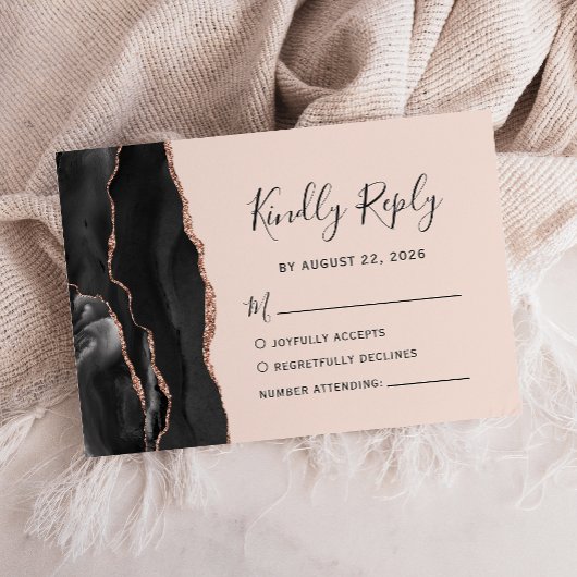 Chic Black Roos Gold Agate Blush Wedding RSVP Kaartje