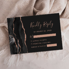 Chic Black Roos Gold Agate Dark Wedding RSVP Kaartje