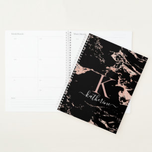 Chic Black Roos Gold Foil marble Monogram Planner