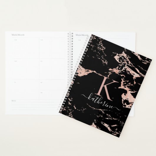 Chic Black Roos Gold Foil marble Monogram Planner (Display)