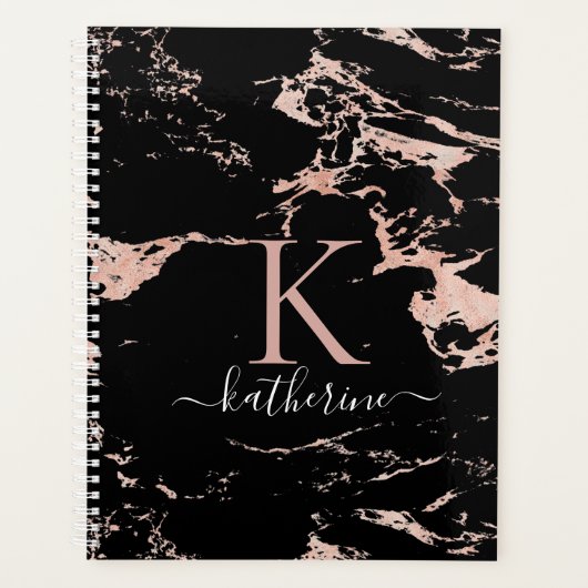 Chic Black Roos Gold Foil marble Monogram Planner (Voorkant)