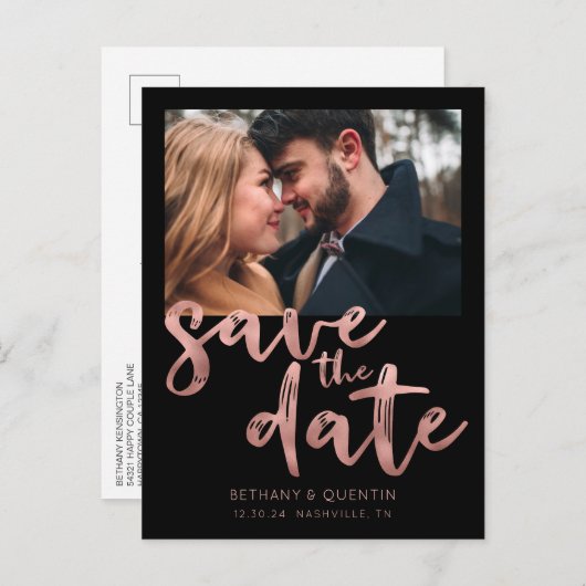 Chic Black Roos Gold Foil Script Bewaar de datum Aankondigingskaart (Voorkant / Achterkant)