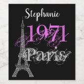 Chic Black Roze Paris Eiffel Tower Grafische naam Wijn Etiket (Enkel label)