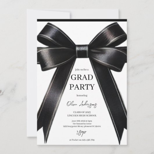 Chic Black Satin Bow Afstudeerfeest Kaart (Voorkant)