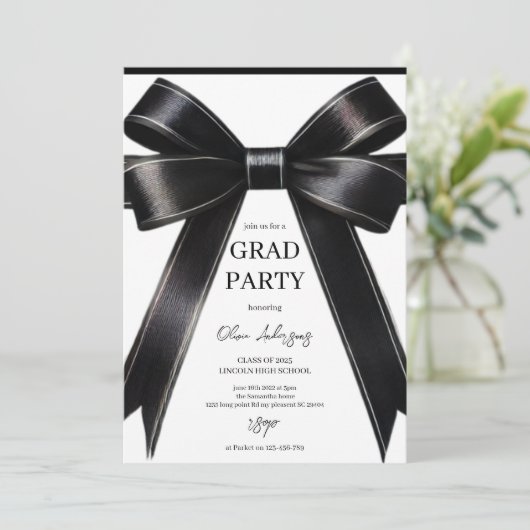 Chic Black Satin Bow Afstudeerfeest Kaart (Staand voorkant)