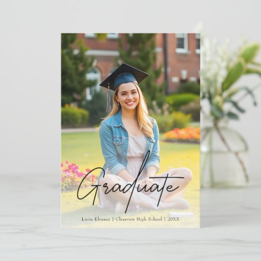 Chic Black Script Afstuderen twee foto-Afstuderen Kaart (Staand voorkant)