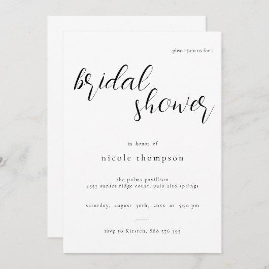 Chic Black Script Bridal Shower Invitation Minimal Kaart (Voorkant / Achterkant)
